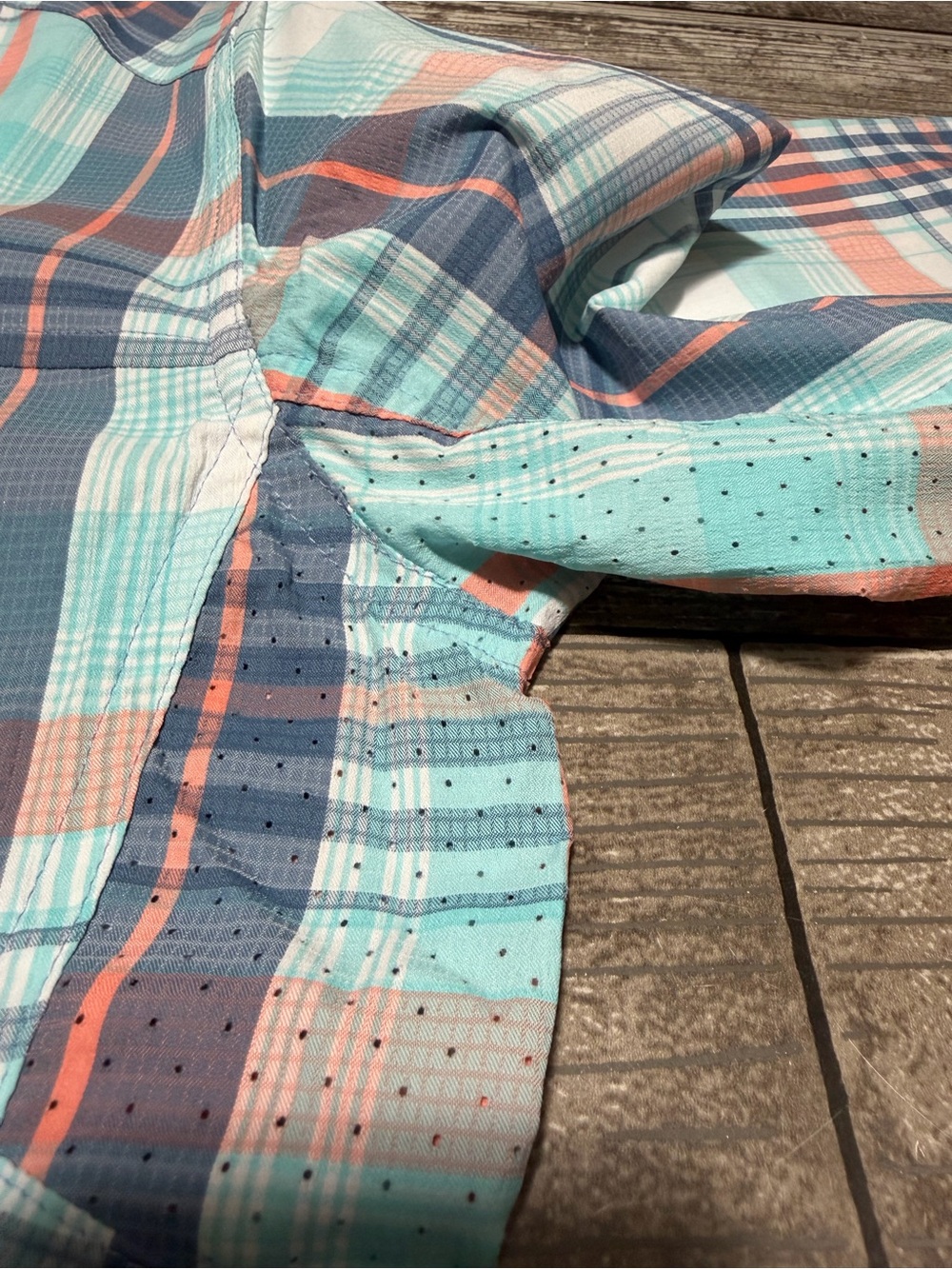 Coolibar Women's Plaid Hooded Sun Jacket - Aqua/Coral/Gray - Picture 7 of 10
